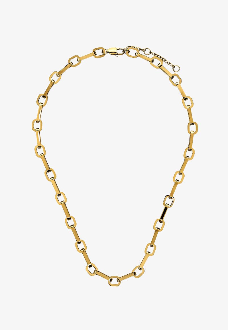 Złoty naszyjnik z prostokątnymi ogniwami z wyciętymi kwadratami. Gładkie, błyszczące wykończenie z zapięciem typu lobster i regulowanym łańcuszkiem.