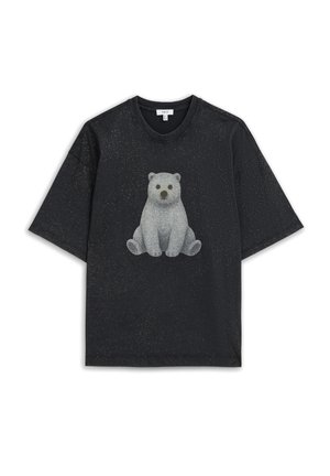 T-shirt noir à manches courtes avec un motif tacheté et un graphisme central représentant un ours gris assis.