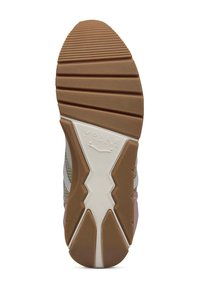 Schuhsohle mit strukturiertem Gummidesign, braune Farbe mit diagonalen Rillen und einem weißen Emblem in der Mitte.