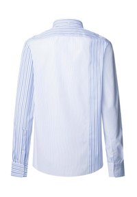 Camicia a righe azzurro chiaro e bianca, in cotone, maniche lunghe, colletto button-down, con orlo arrotondato e polsini a bottone.