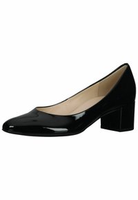Escarpin en cuir verni noir avec un bout pointu, un petit talon carré et une texture lisse. Intérieur doublé et design minimaliste.