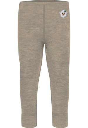 Hellbraune Leggings mit einer weichen, strukturierten Oberfläche. Besitzt ein kleines gesticktes Schafsgesicht nahe dem Hüftbund und elastische Bündchen.