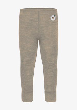 Hellbraune Leggings mit einer weichen, strukturierten Oberfläche. Besitzt ein kleines gesticktes Schafsgesicht nahe dem Hüftbund und elastische Bündchen.