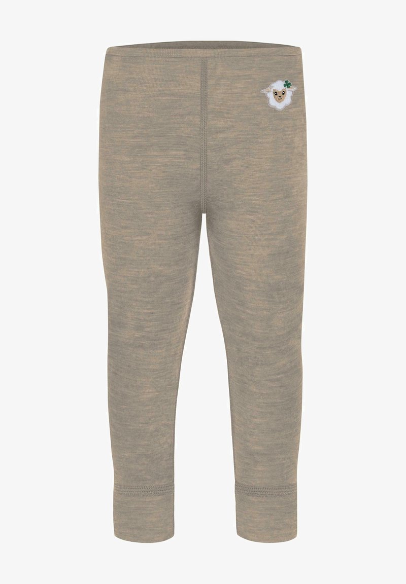 Hellbraune Leggings mit einer weichen, strukturierten Oberfläche. Besitzt ein kleines gesticktes Schafsgesicht nahe dem Hüftbund und elastische Bündchen.