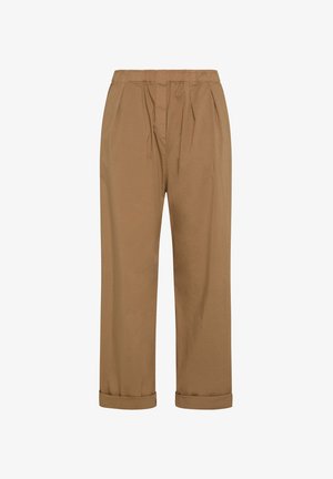 Beżowe spodnie w luźnym kroju, z elastycznym paskiem w pasie, plisowanym przodem, podwiniętymi mankietami i gładką bawełnianą teksturą. Bez dodatkowych kieszeni.