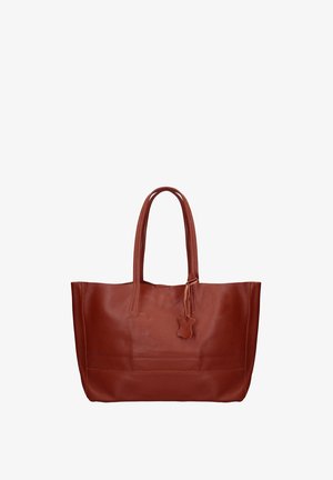 Large brown leather tote bag with two handles and a small leather tag attached to one handle, shown against a white background.