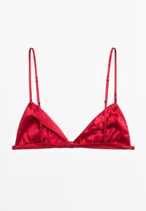 Bralette triangolare in raso rosso con sottili spalline regolabili e chiusura con gancio sulla fascia centrale frontale.