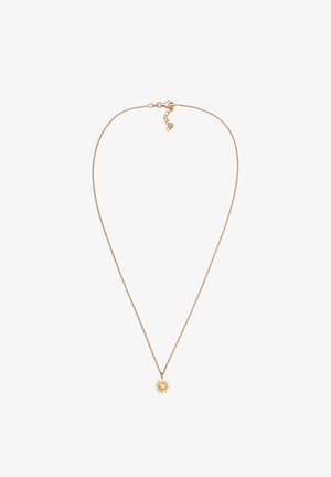 Naszyjnik z delikatnego łańcuszka w odcieniu złota, z zawieszką w kształcie słońca i centralną perłą. Łańcuszek jest subtelny i teksturowany, z zapięciem na karabińczyk.