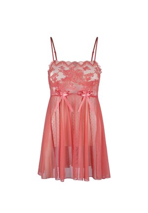 Coral lace negligee featuring sheer fabric, adjustable spaghetti straps, and two satin bows at the waist with a dotted texture.