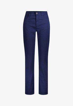 Marineblaue Hose mit geradem Bein, Knopf- und Reißverschluss, Vordertaschen und Gürtelschlaufen, auf weißem Hintergrund dargestellt.