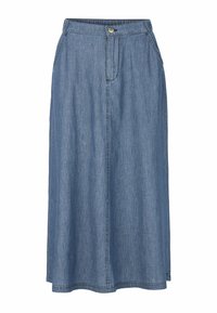 Jeanskjol med en medellång design. Blått tyg, knäppning framtill, elastisk midja och sidfickor. Rena sömnadsdetaljer.