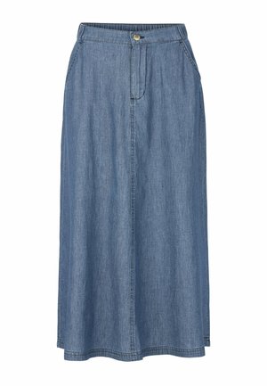 Denimnederdel med et mellemlangt design. Blå stof, front lynlås, elastisk talje og sidelommer. Rene syningsdetaljer.