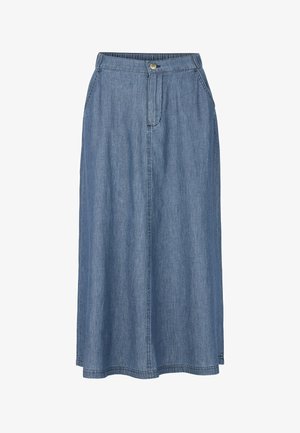 Jeanskjol med en medellång design. Blått tyg, knäppning framtill, elastisk midja och sidfickor. Rena sömnadsdetaljer.