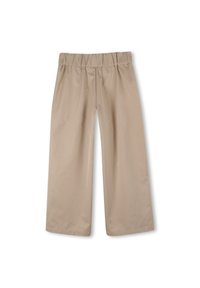Beige wijde broek met een elastische tailleband, gemaakt van een gladde stof. Kenmerkt zich door een losse pasvorm en geen zichtbare zakken of versieringen.