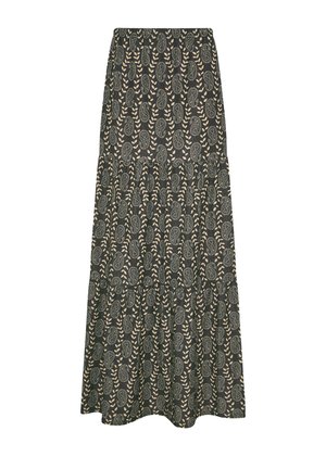 Lange donkergroene rok met gelaagde ruches, met beige paisley- en bladmotieven over de gehele stof.