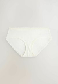 White cotton brief with a smooth texture, featuring a scalloped lace trim at the waistline and a classic full-coverage design.