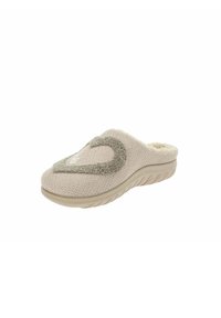 Pantofole beige senza lacci con tomaia a maglia testurizzata e un'accortezza a forma di cuore di un verde chiaro. Presenta una suola leggera e flessibile per il massimo comfort.