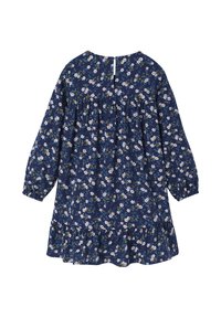 Marineblaues Kleid mit langen Ärmeln, floralen Muster in Weiß und Grün, gerafftem Oberteil und Volantsaum am Rock. Offener Rücken mit Knopfverschluss.