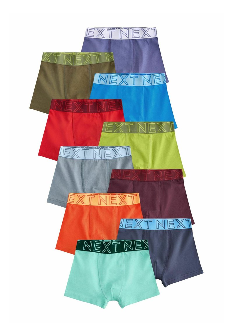 Assortiment de boxers pour hommes avec des bandes élastiques de différentes couleurs : vert foncé, bleu, rouge, violet, orange et vert menthe. Nom de la marque affiché en évidence.