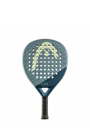 Padelracket met een donkerblauw en grijs blad met ronde gaten, een limegroen gebogen design en een zwart handvat.