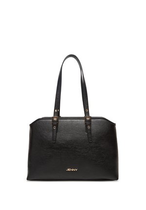 Bolso de mano de cuero negro con doble asa para el hombro, detalles en hebilla de tono dorado y logo "JENNY" en el centro frontal.