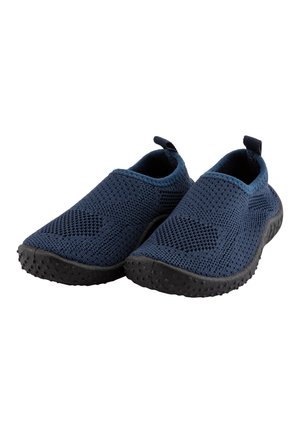Pair of navy blue slip-on shoes with knitted fabric uppers and textured black rubber soles, featuring pull tabs at the heel.
