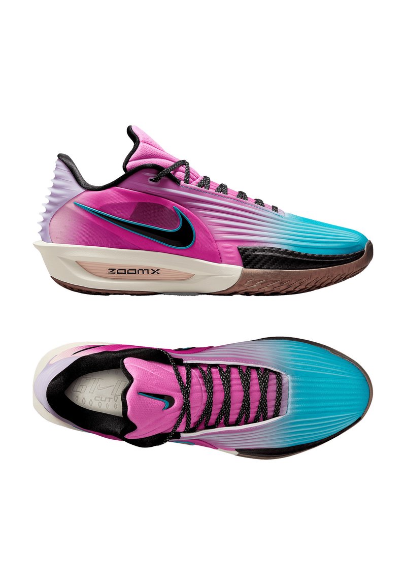 Nike-Sneaker mit einem Farbverlauf in Pink und Blau, synthetischem Obermaterial, strukturierten Details, schwarzen Schnürsenkeln und einer Gummisohle.