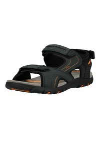 Sandalo da esterno nero e grigio con cuciture arancioni, cinturini regolabili con Velcro e suola robusta per trazione e comfort.