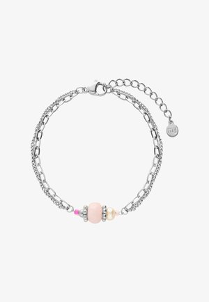 Srebrna podwójna bransoletka z różowymi, perłowymi i srebrnymi koralikami na środku, z zapięciem na karabińczyk i regulowanym łańcuszkiem przedłużającym.
