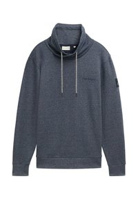 Donkerblauwe sweatshirt met een hoge kraag, verstelbare koordjes en geribbelde mouwen. Bevat een logo dat op de borst is gedrukt en een label op de mouw.
