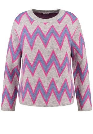 Langärmeliger Strickpullover mit Zickzackmuster in Pink und Blau auf hellgrauem Hintergrund, Rundhalsausschnitt, lockere Passform.