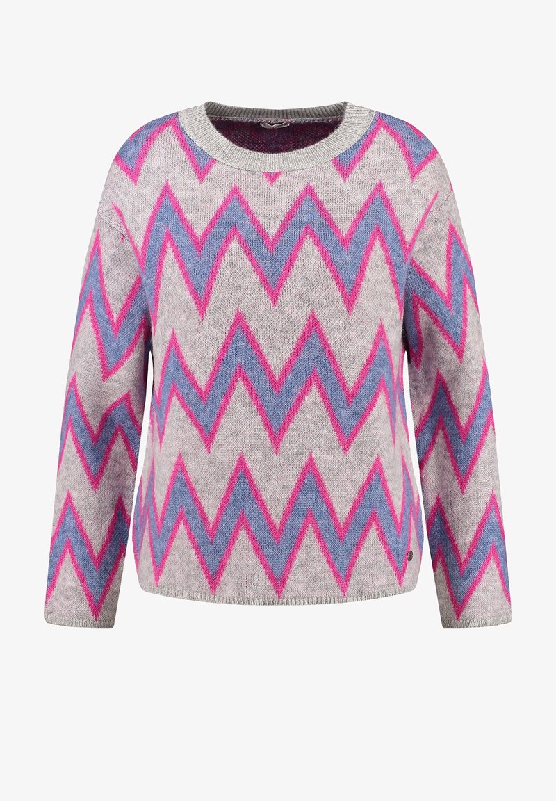 Pull en maille à manches longues avec motif en zigzag rose et bleu sur fond gris clair, encolure ronde, coupe décontractée.