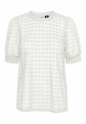 Witte textuurblouse met een gebreid patroon, korte pofmouwen en een ronde halslijn met een knoopsluiting op de rug.