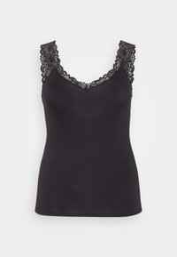 Schwarzes Spaghettiträgershirt mit Spitzenbesatz entlang des Ausschnitts und der Träger; glattes Material mit einer taillierten Silhouette und ohne Muster oder zusätzliche Akzente.
