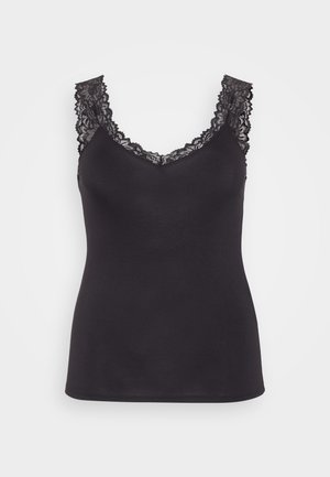Black camisole with lace trim along the neckline and straps; smooth fabric with a fitted silhouette and no patterns or additional accents.