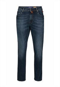 Dunkelblaue Denimhemd mit geradem Bein, ausgestattet mit einem Knopf- und Reißverschluss, fünf Taschen und kontrastierenden orangefarbenen Akzenten.