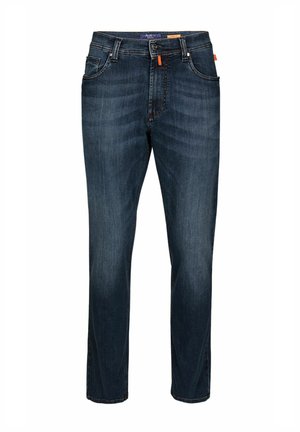 Donkerblauwe denim jeans met een recht gesneden pijp, voorzien van een knoop- en ritsluiting, vijf zakken en contrasterende oranje accenten.