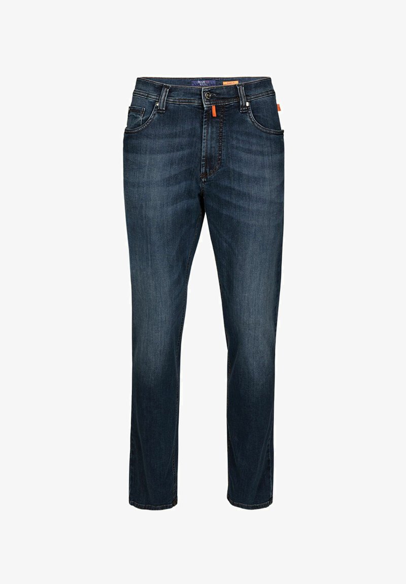 Dunkelblaue Denimhemd mit geradem Bein, ausgestattet mit einem Knopf- und Reißverschluss, fünf Taschen und kontrastierenden orangefarbenen Akzenten.