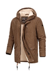 Ruskea samettitakki hupulla, jossa on pehmeä, kermainen fleecevuori, vetoketju- ja napituskiristys sekä kaksi etutaskua.