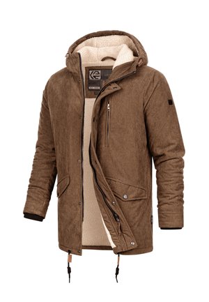 Giacca in velluto a coste marrone con cappuccio, dotata di morbida fodera in pile color crema, chiusure con zip e bottoni, e due tasche frontali.