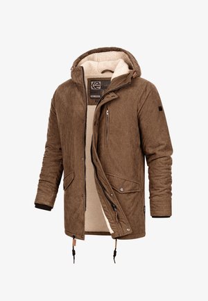 Braune Cordjacke mit Kapuze, ausgestattet mit einem weichen, cremefarbenen Fleece-Futter, Reißverschluss- und Knopfverschlüssen sowie zwei Fronttaschen.