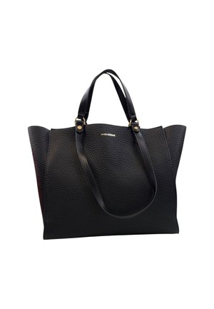 Borsa tote in pelle nera con una texture a granuli, due manici robusti e dettagli in metallo dorato; design aperto con un ampio interno.
