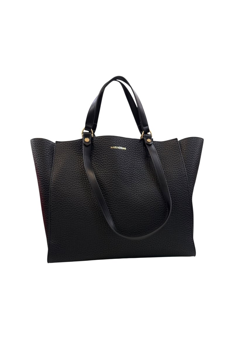 Borsa tote in pelle nera con una texture a granuli, due manici robusti e dettagli in metallo dorato; design aperto con un ampio interno.