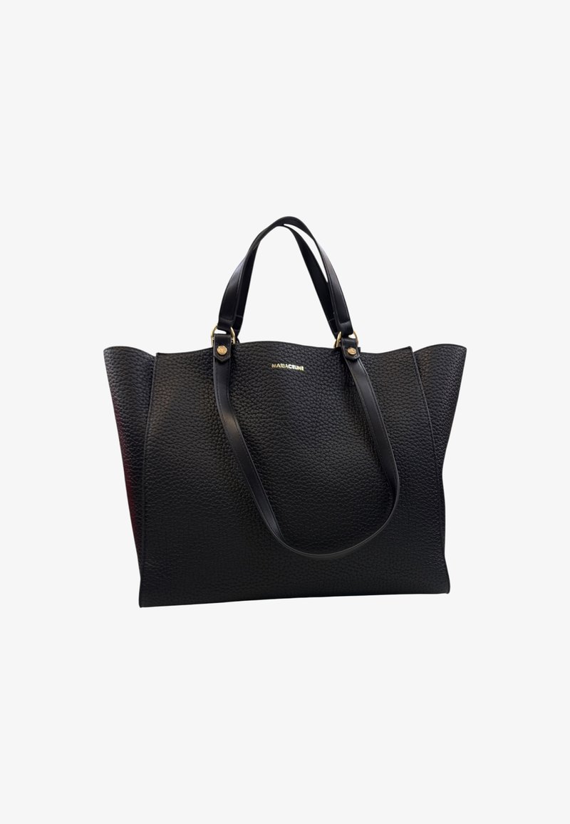 Borsa tote in pelle nera con una texture a granuli, due manici robusti e dettagli in metallo dorato; design aperto con un ampio interno.