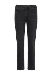 Svarta denimjeans med rak benform, utrustade med fem fickor, knäppning med knapp och en subtil tvättstruktur. Midja i medelhöjd.