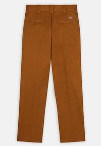 Bruna byxor med en slät yta, försedda med bältesöljar, två bakfickor och en logotag. Skräddarsydd passform och platt framdesign.