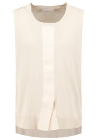 Ärmlös stickad topp i off-white med ett strukturerat band i nederkant. Den centrala panelen har en diskret ribbdetalj. Rund halsringning, avslappnad passform.