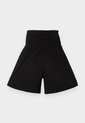 Μαύρα σορτς με ψηλή μέση, φαρδιά ελαστική ζώνη με σούρες και χαλαρά, φαρδιά μπατζάκια.