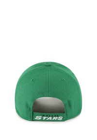 Gorra de tela verde con visera curva. En la parte trasera presenta el bordado "DALLAS STARS" en blanco. Textura suave, abertura ajustable.