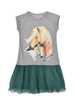 Robe pour filles avec un haut gris présentant deux chevaux et le texte "Love", associée à une jupe plissée verte.